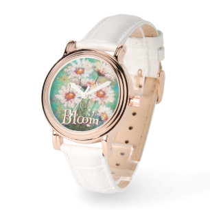 Daisies Impressionistic Floral Teal Personalized Watch