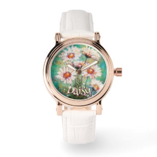 Daisies Impressionistic Floral Teal Personalized Watch