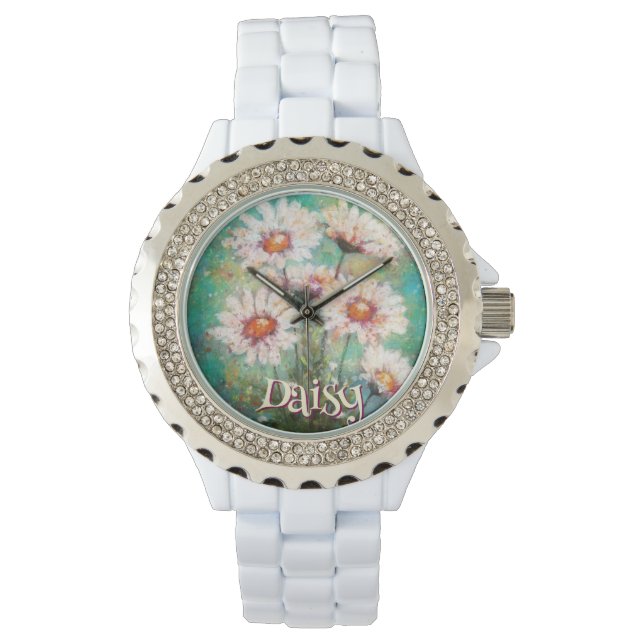Daisies Impressionistic Floral Teal Personalized Watch (Front)