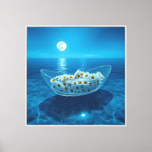 Daisies in Glass Bowl Ocean Moonlight Poster Canvas Print