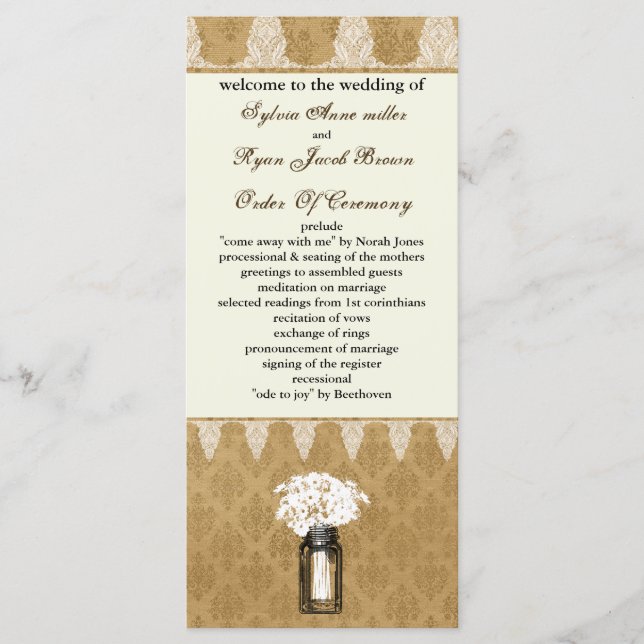 daisies in mason jar, burlap wedding program (Front)