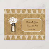 daisies in mason jar, burlap wedding thank you postcard
