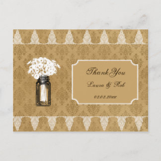 daisies in mason jar, burlap wedding thank you postcard