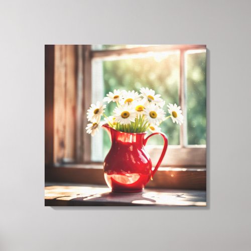 Daisies In Red Pitcher By Sunny Window Canvas Print