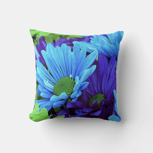 Daisies in Shades of Blue and Green Throw Pillow (Front)