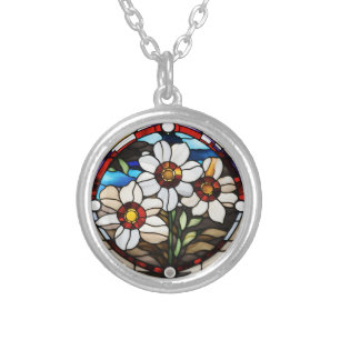 Daisies in Stained Glass Silver Plated Necklace