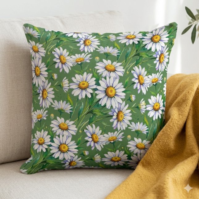 Daisies in the meadow. Watercolours. Throw Pillow (Creator Uploaded)