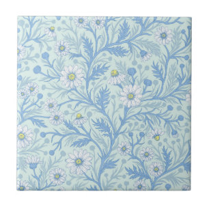 Daisies in white and blue on sea glass ceramic tile