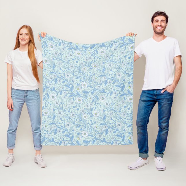 Daisies in white and blue on sea glass fleece blanket (In Situ)
