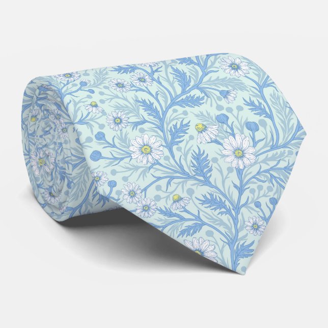 Daisies in white and blue on sea glass neck tie (Rolled)