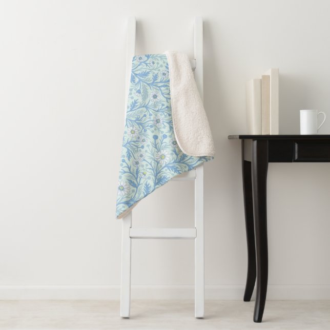 Daisies in white and blue on sea glass sherpa blanket (In Situ)