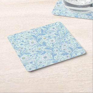 Daisies in white and blue on sea glass square paper coaster
