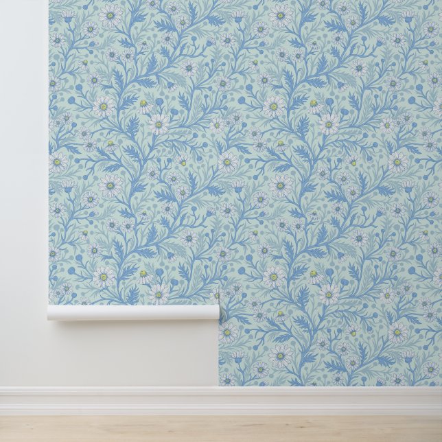 Daisies in white and blue on sea glass wallpaper  (Application)