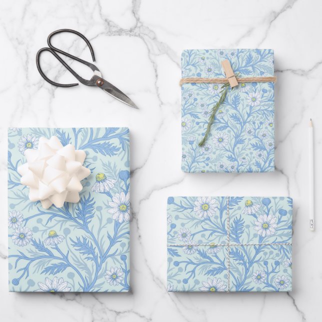 Daisies in white and blue on sea glass wrapping paper sheets (Front)