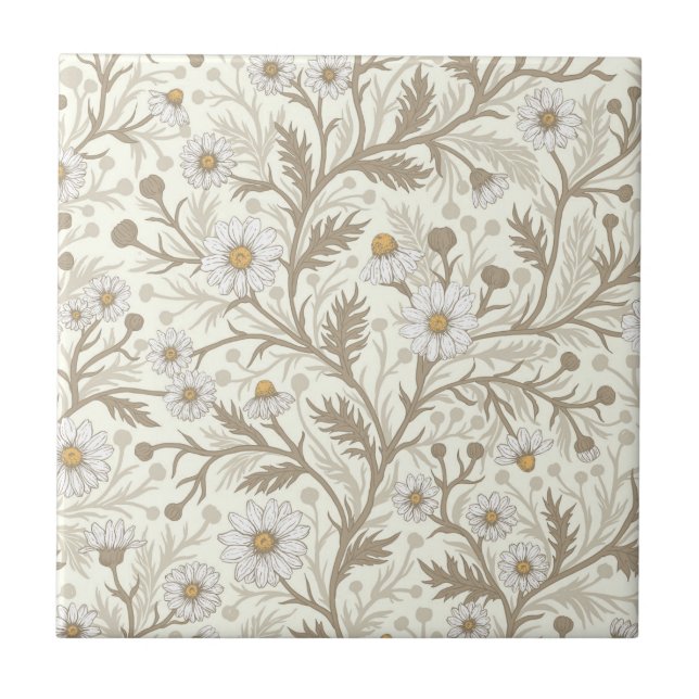 Daisies in white and brown on off white ceramic tile (Front)