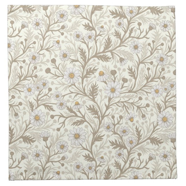 Daisies in white and brown on off white cloth napkin (Front)