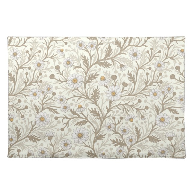 Daisies in white and brown on off white cloth placemat (Front)