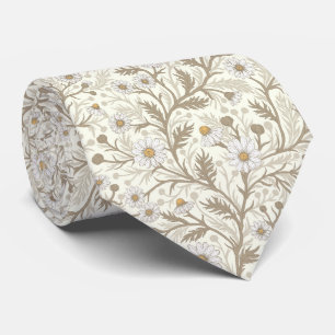 Daisies in white and brown on off white neck tie