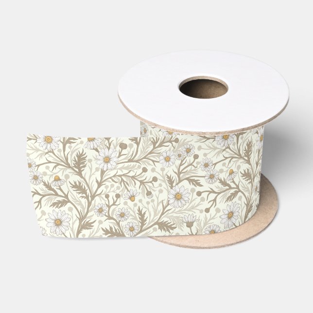 Daisies in white and brown on off white satin ribbon (Spool)