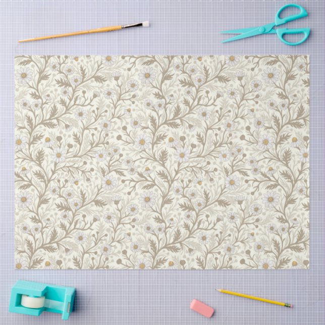 Daisies in white and brown on off white tissue paper (Craft)