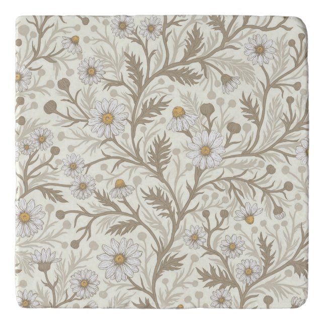 Daisies in white and brown on off white trivet (Front)