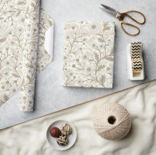 Daisies in white and brown on off white wrapping paper