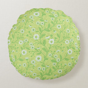 Daisies in white and green on honey dew green round pillow