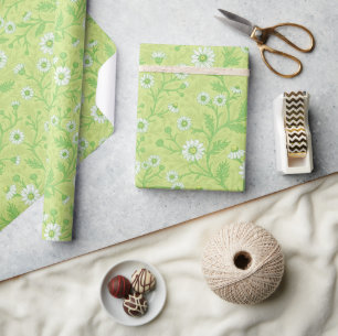Daisies in white and green on honey dew green wrapping paper