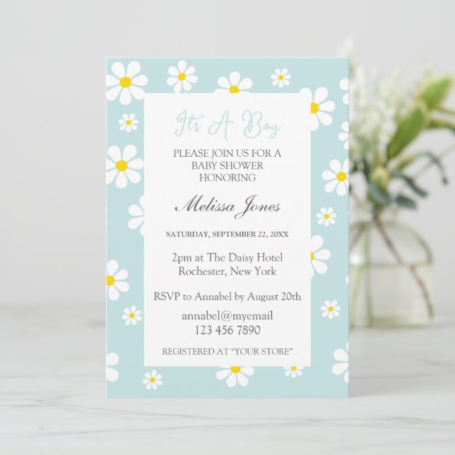 Daisies It’s A Boy Baby Shower  Invitation (Standing Front)