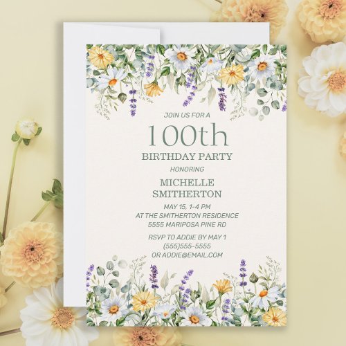 Daisies Lavender Yellow Wildflowers 100th Birthday Invitation