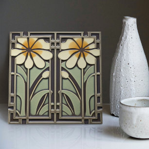 Daisies Love Wall Decor Art Nouveau Vintage Deco Ceramic Tile