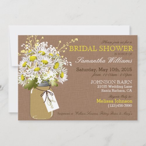 Daisies Mason Jar Burlap Rustic Bridal Shower Invitation