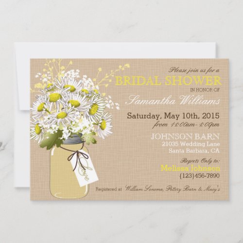 Daisies Mason Jar Burlap Rustic Bridal Shower Invitation