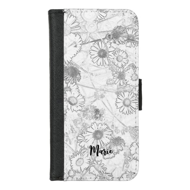 Daisies meadow light grey pattern iPhone wallet case (Front)