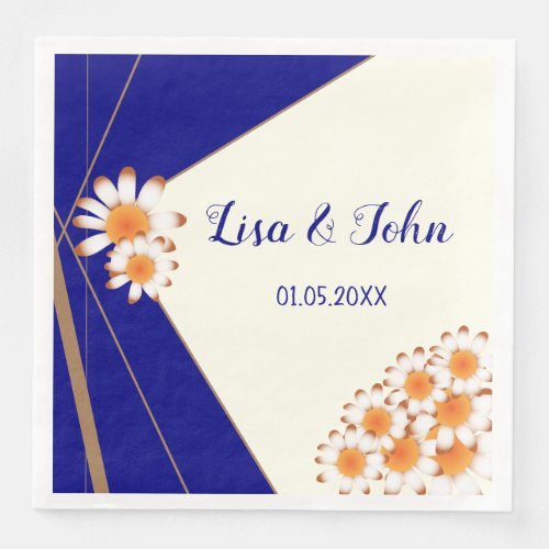 Daisies Modern Navy Blue and Gold Wedding Paper Dinner Napkins