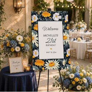 Daisies Navy Blue Cottagecore Birthday Welcome Foam Board