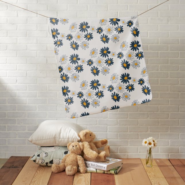 Daisies Navy Yellow White Flowers Baby Blanket (In Situ)