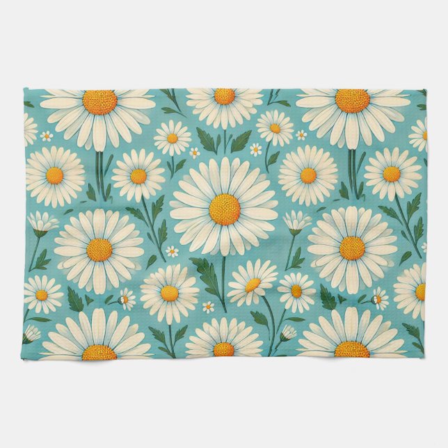Daisies on a Soft Blue Background Kitchen Towel (Horizontal)