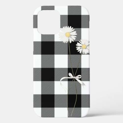 Daisies on Black and White Buffalo Plaid iPhone 12 Case