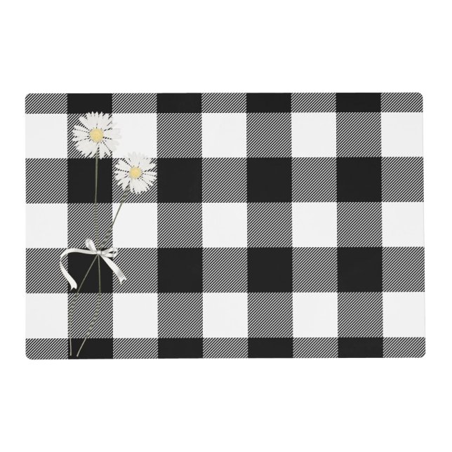 Daisies on Black and White Buffalo Plaid  Placemat (Front)