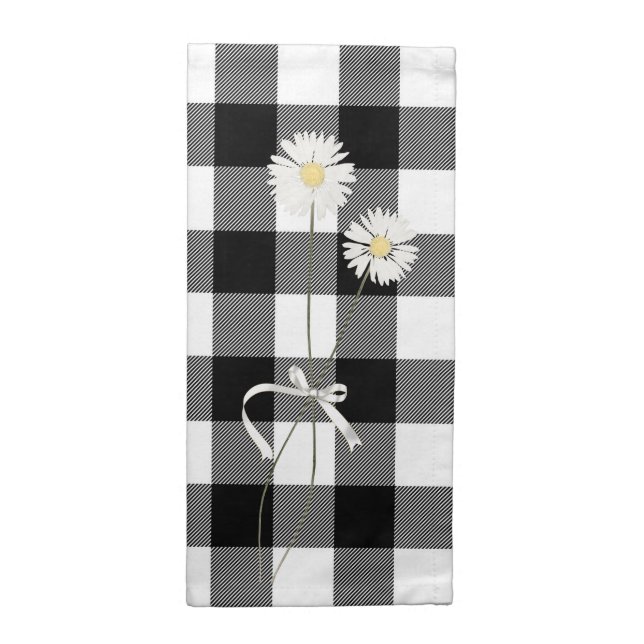 Daisies on Black and White Buffalo Plaid  Placemat Cloth Napkin (Half Fold)
