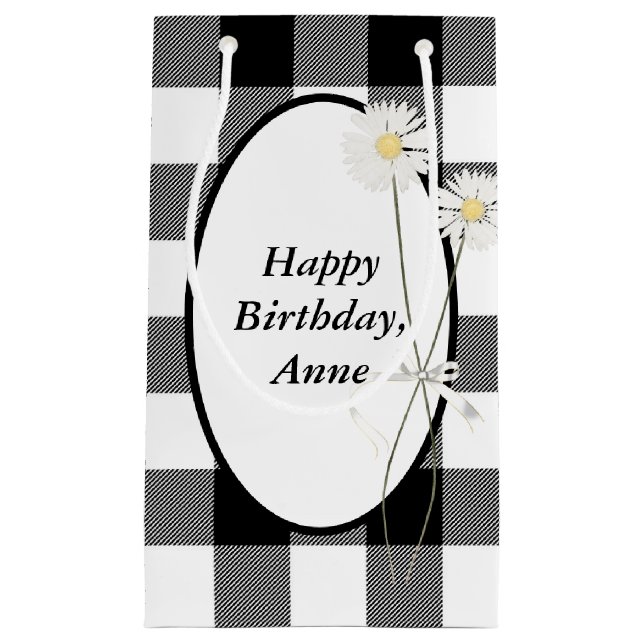 Daisies on Black and White Buffalo Plaid Small Gift Bag (Front)