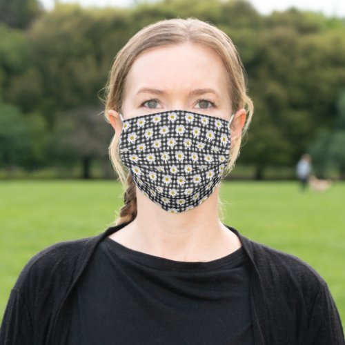 Daisies On Black And White Gingham Adult Cloth Face Mask