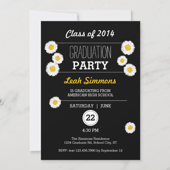 Daisies on Black Graduation Invitation (Front)