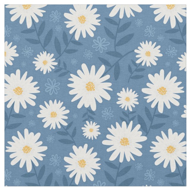 Daisies on Blue Background Fabric (Close Up)