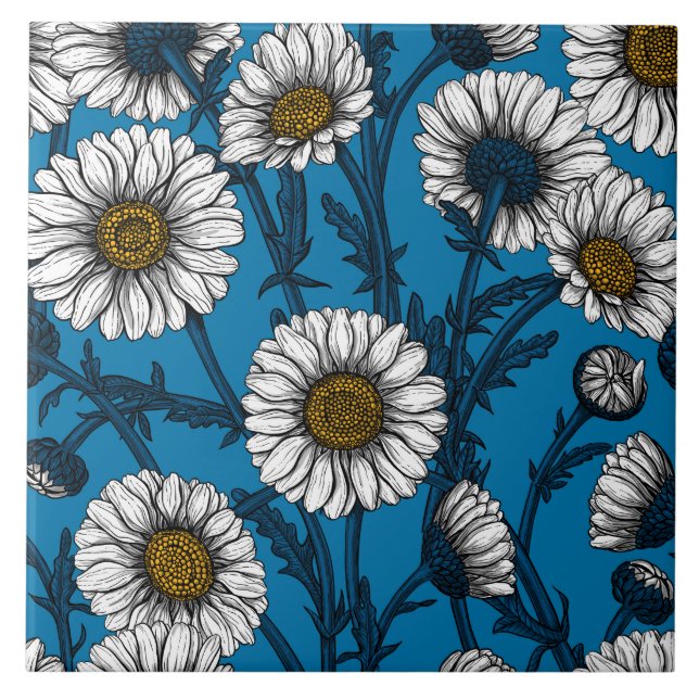 Daisies on blue ceramic tile (Front)