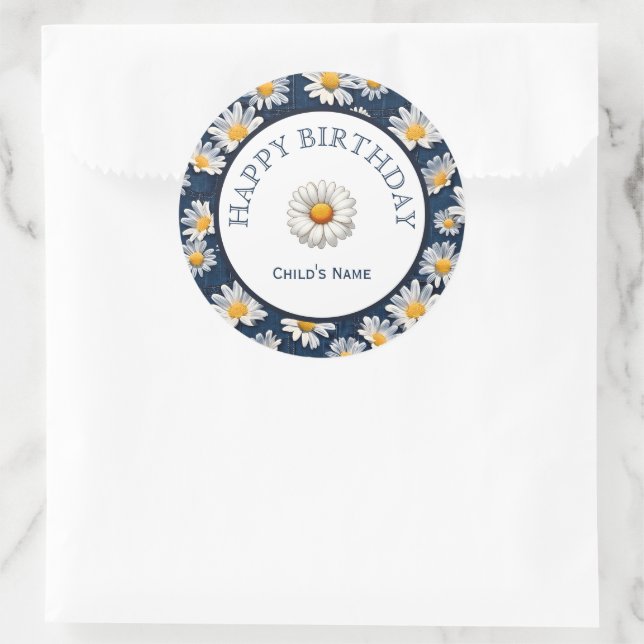 Daisies on Blue Denim Birthday  Classic Round Sticker (Bag)