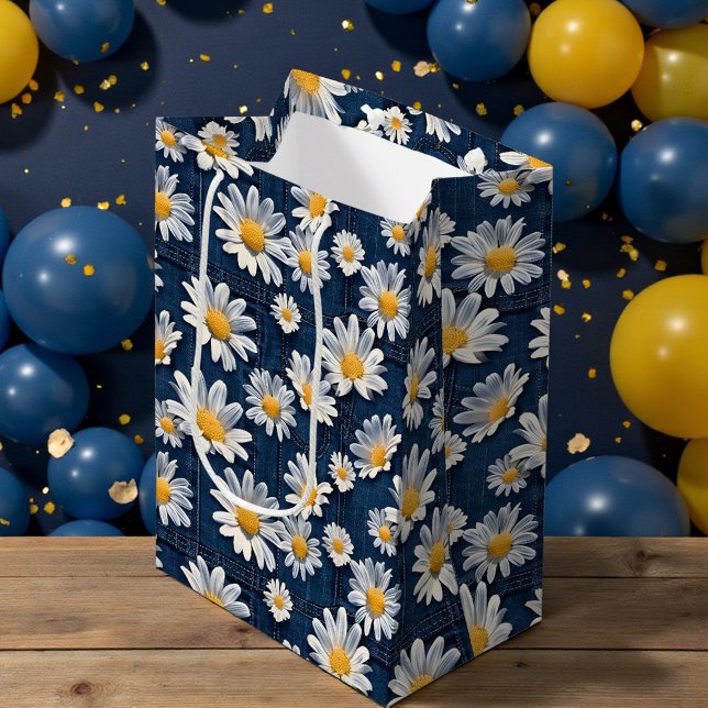 Daisies on Blue Denim Birthday  Medium Gift Bag (Creator Uploaded)