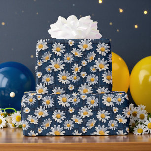 Daisies on Blue Denim Birthday Wrapping Paper