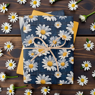 Daisies on Blue Denim Birthday Wrapping Paper Sheets